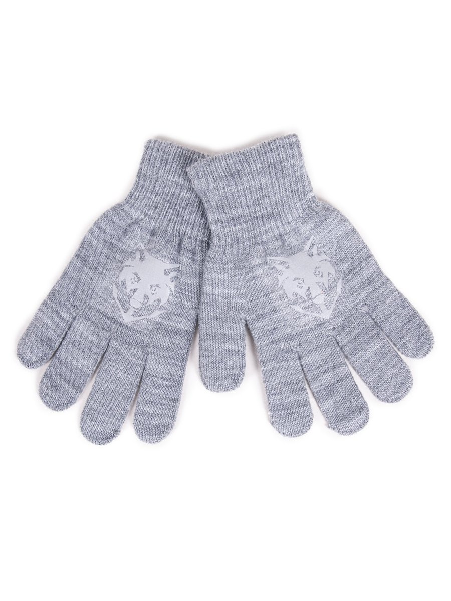 Rękawiczki Chłopięce Pięciopalczaste Z Odblaskiem Szare Z Wilkiem 16 Cm Yoclub