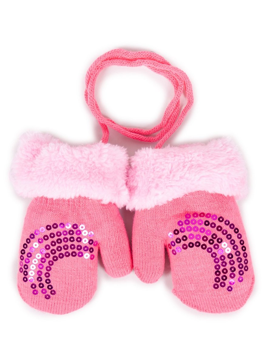 Rękawiczki Dziewczęce Podwójne Różowe Z Cekinami I Futrzanym Mankietem 14 Cm Yoclub
