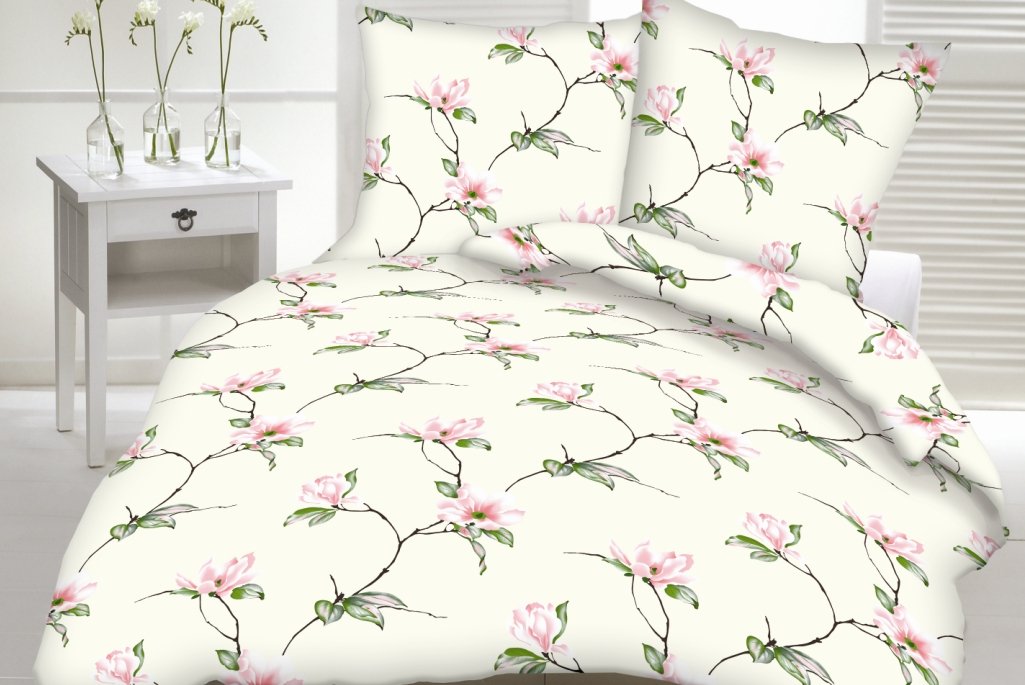 Pościel Z Kory 100% Bawełna 160X200 Wzór Krem Kwiaty