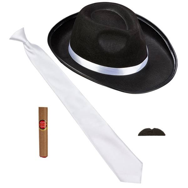 Widmann 68553 - zestaw kostiumowy Die Wilden 20., 4-częściowy, kapelusz, krawat, wąsy i cygaro, Charleston, gangster, Mafia-Boss, akcesoria, karnawał, przebranie, impreza tematyczna