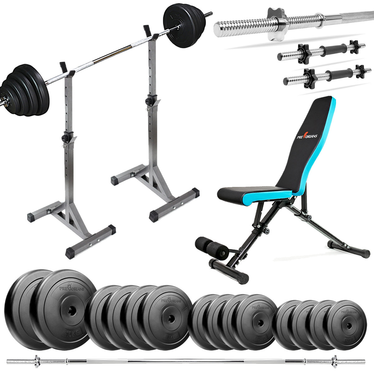 Zestaw Do Ćwiczeń 87Kg Z Ławką Treningową Tb891, Stojakami, Sztangą / Gryfem Prostym 180Cm, Obciążeniem 55Kg I Hantlami