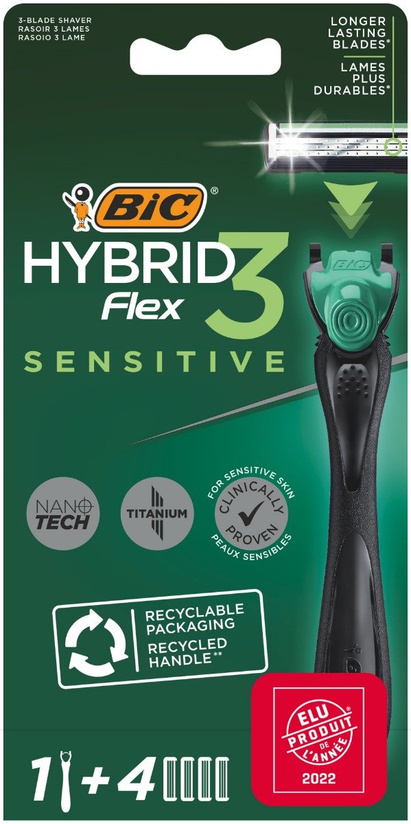 BiC Hybrid Flex 3 Sensitive, Maszynka do golenia dla mężczyzn, 1 szt. + 4 wkłady