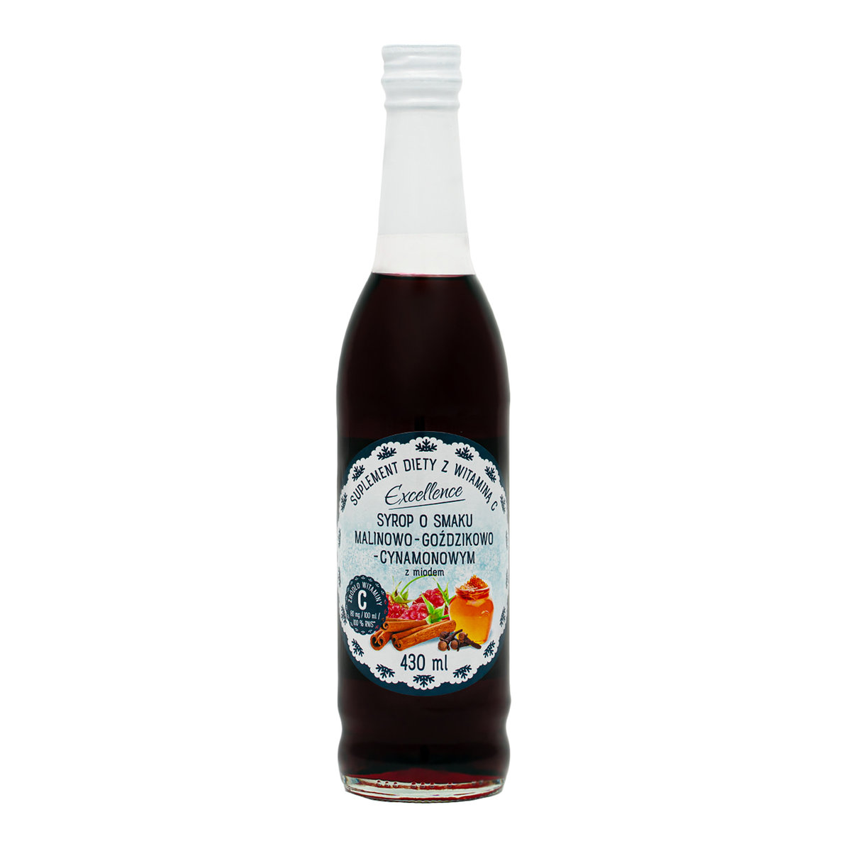 Suplement Diety Z Witaminą C. Syrop O Smaku Malinowo-Goździkowo-Cynamonowym Z Miodem. 430 Ml. Produkt Pasteryzowany.