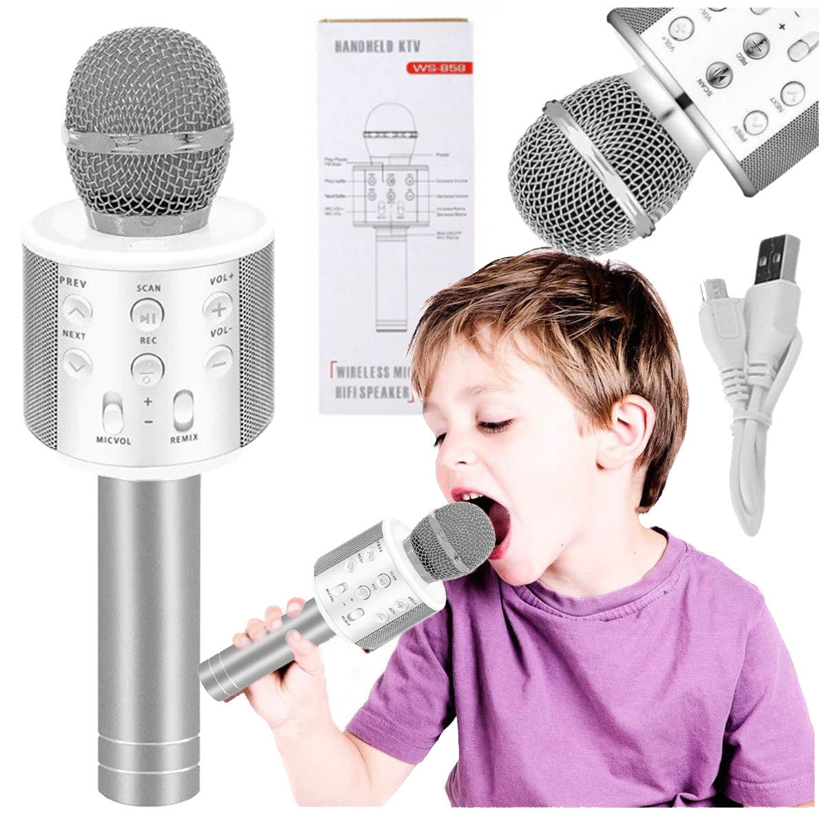 Mikrofon Bezprzewodowy Karaoke - Bluetooth Głośnik Srebrny G242s