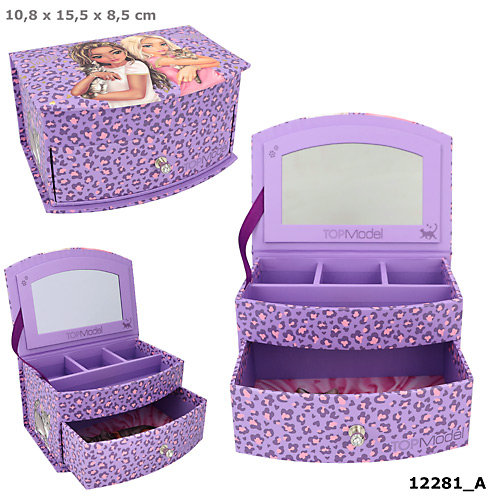 Depesche 12281 TOPModel Lilac Leo Love - pudełko na biżuterię, z wzorem leo, motywem modelu i kamieniami brokatowymi, z lusterkiem i pokrywą na zawiasach