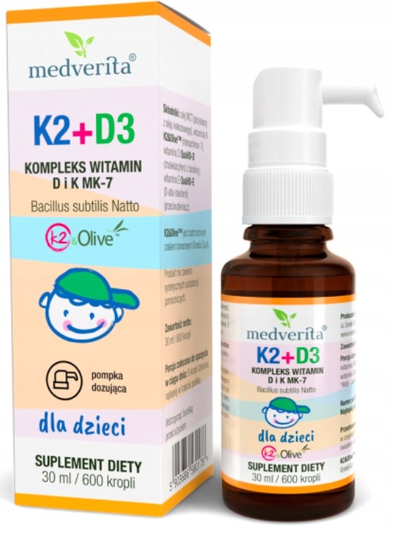 K2+D3 dla dzieci - witamina K MK-7 K2&Olive  20 g + D 400 IU - krople 30 ml MEDVERITA