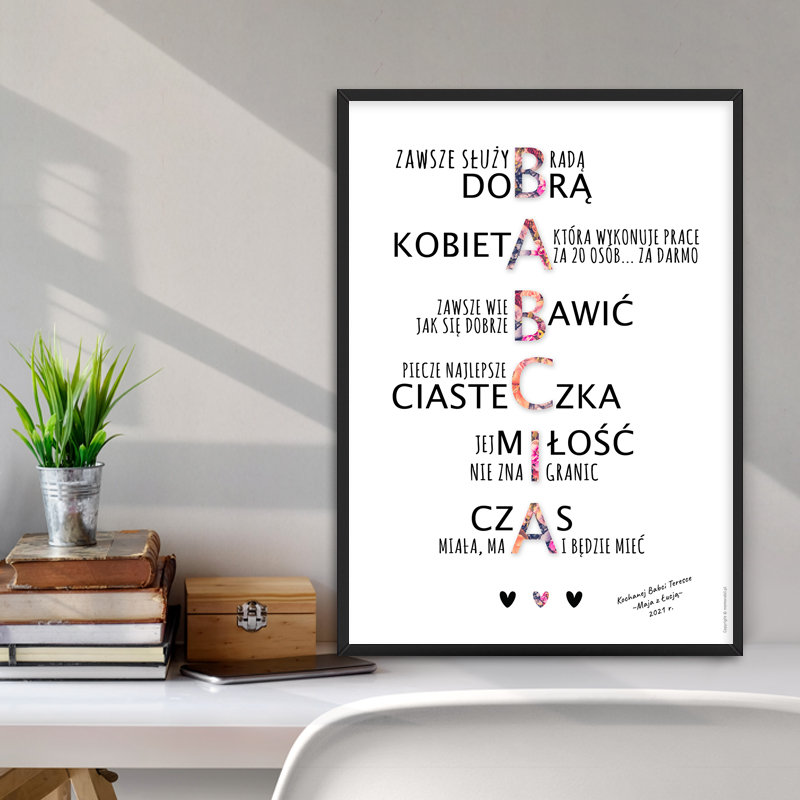 Typograficzny Plakat - Babcia + Ramka A4, Dzień Babci