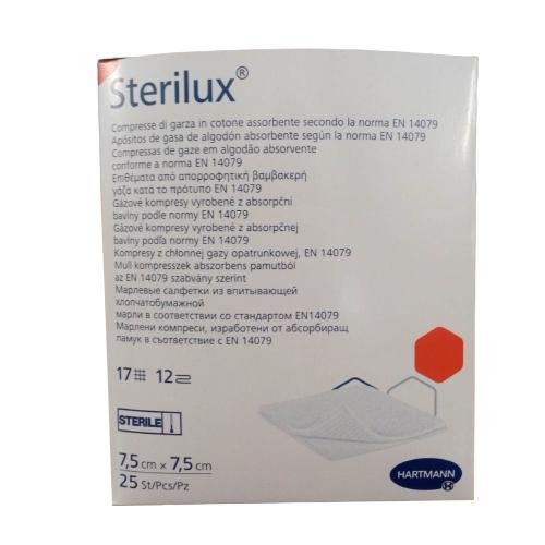 Hartmann STERILUX Kompresy gazowe jałowe 12-warstwowe 17-nitkowe 7,5x7,5cm, 25 sztuk