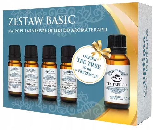 Basic zestaw olejek eteryczny Eukaliptusowy 10 ml + olejek eteryczny Sosnowy 10 ml + olejek eteryczny Lawendowy 10 ml + olejek eteryczny Pomarańczowy 10 ml + olejek eteryczny Drzewo Herbaciane 30 ml