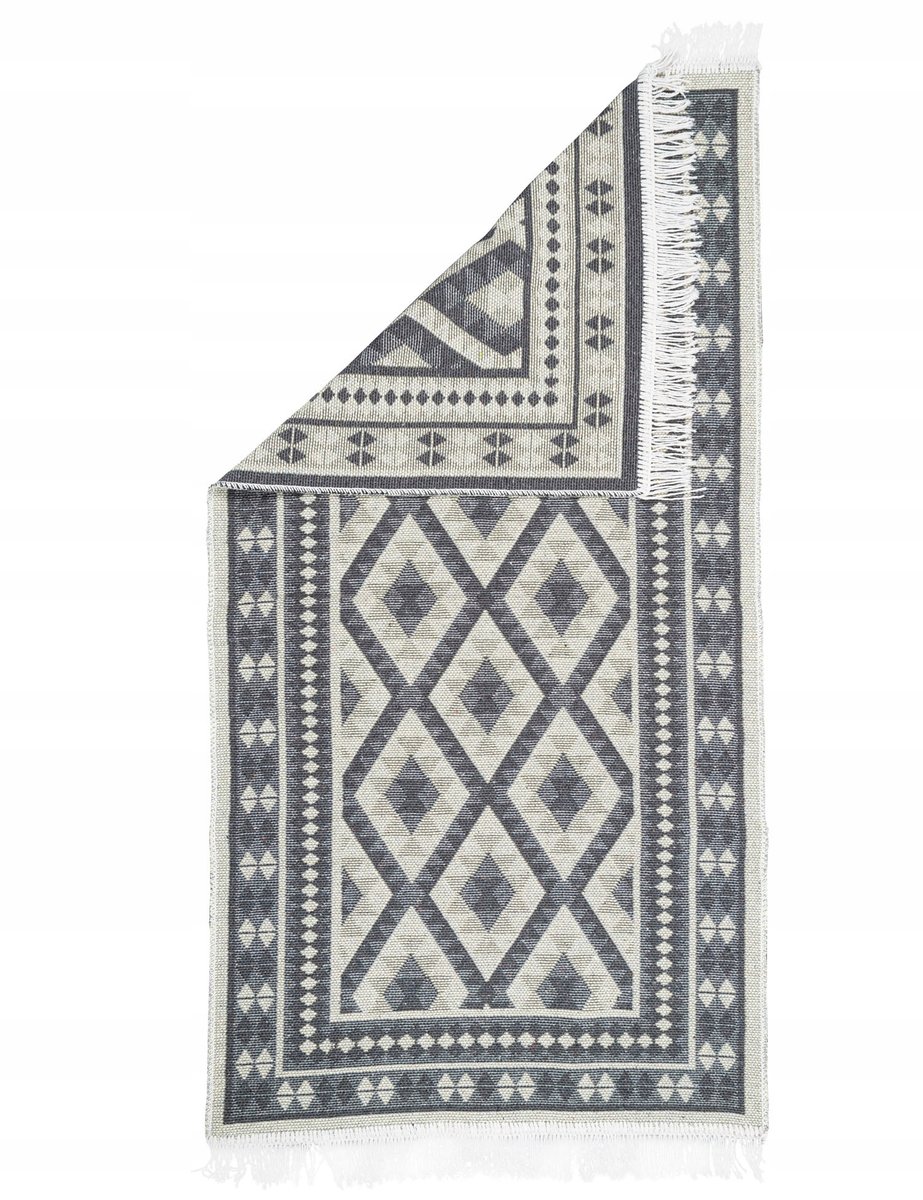 Dywan z frędzlami Kilim Aztec dwustronny antracyt 70 x 140 cm