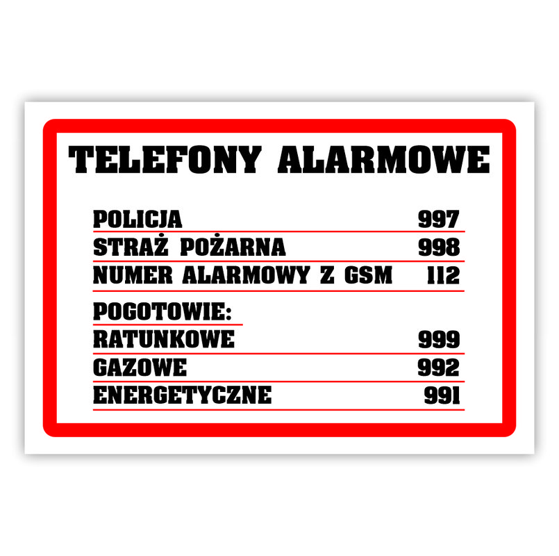 Tablica laminowana A5 - telefony alarmowe