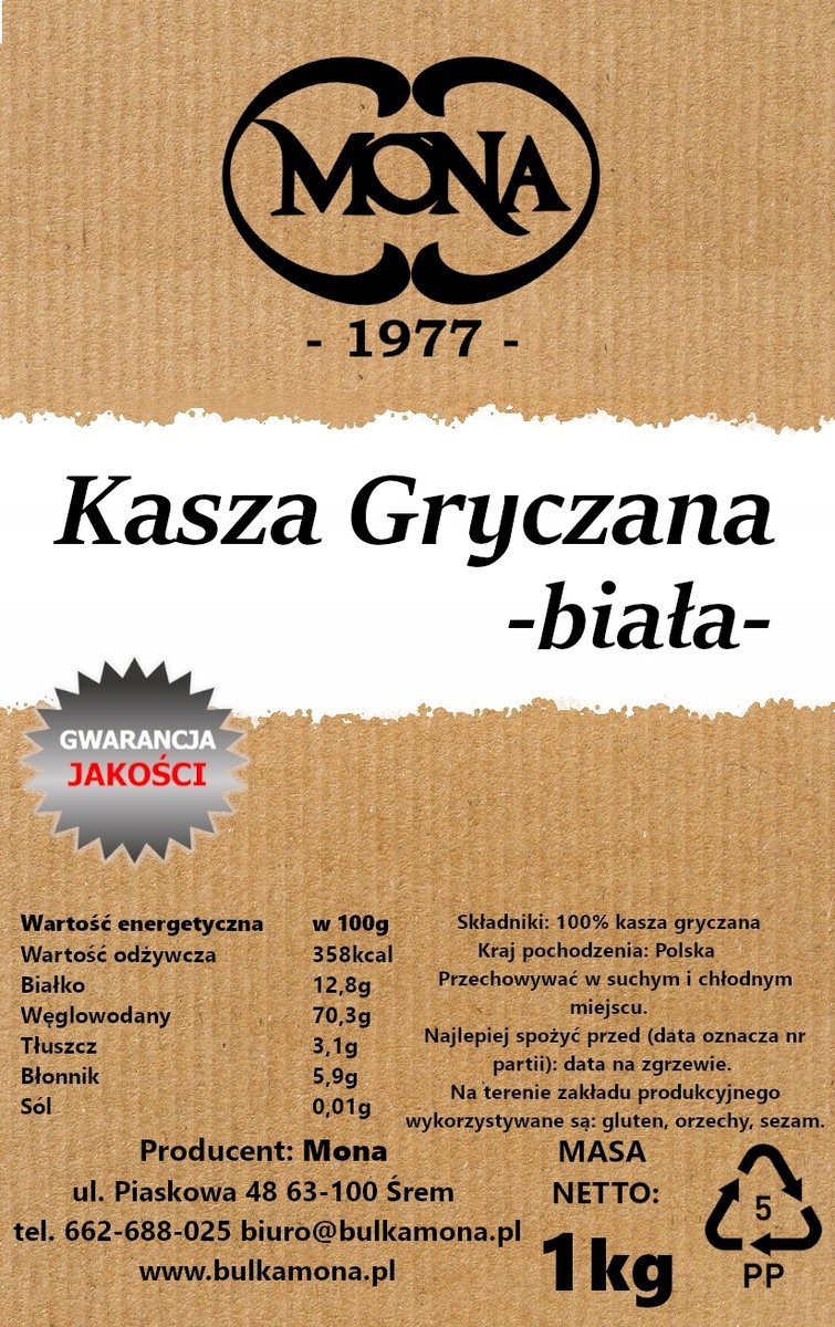 Kasza Gryczana Biała, Niepalona Mona 1Kg Polska