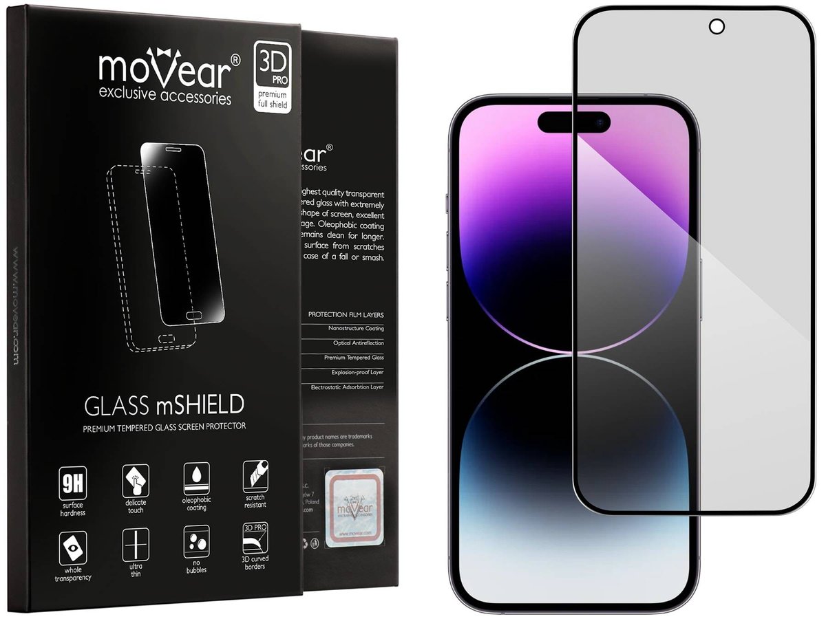 moVear 3D Pro Privacy - Prywatyzujące Szkło Hartowane Do Apple Iphone 14 Pro Max (6.7