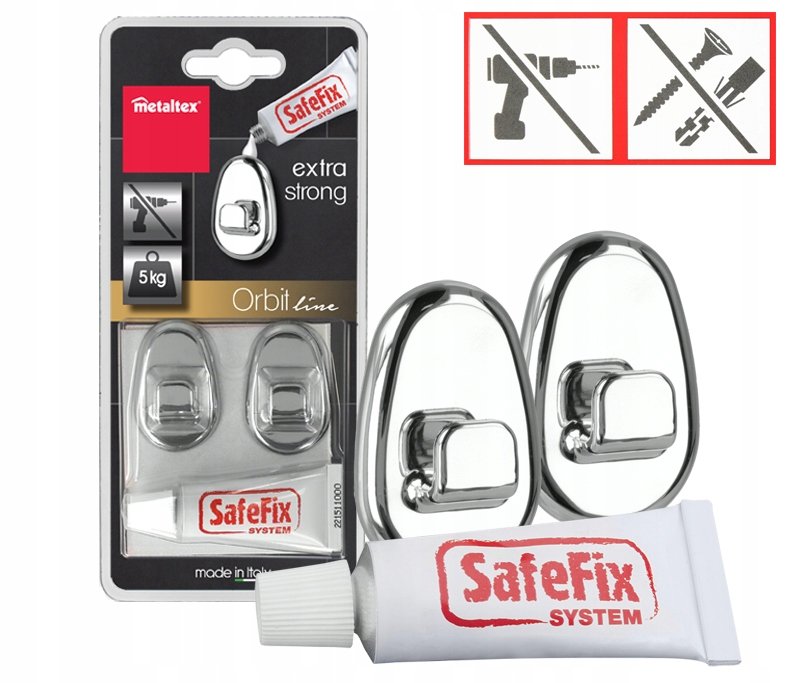 Metaltex 403740010 Orbit Safefix haki w komplecie kleju, tworzywo sztuczne, 2 sztuki, chrom, 3 x 5 x 1.5 cm 403740010