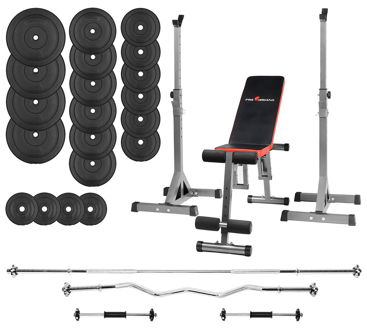 Zestaw Do Ćwiczeń 127Kg Z Ławką Treningową Tb102 Sztangą / Gryfem Prostym 180 cm, Gryfem Lekko Łamanym 120cm, Obciążeniem 90 Kg I Hantlami