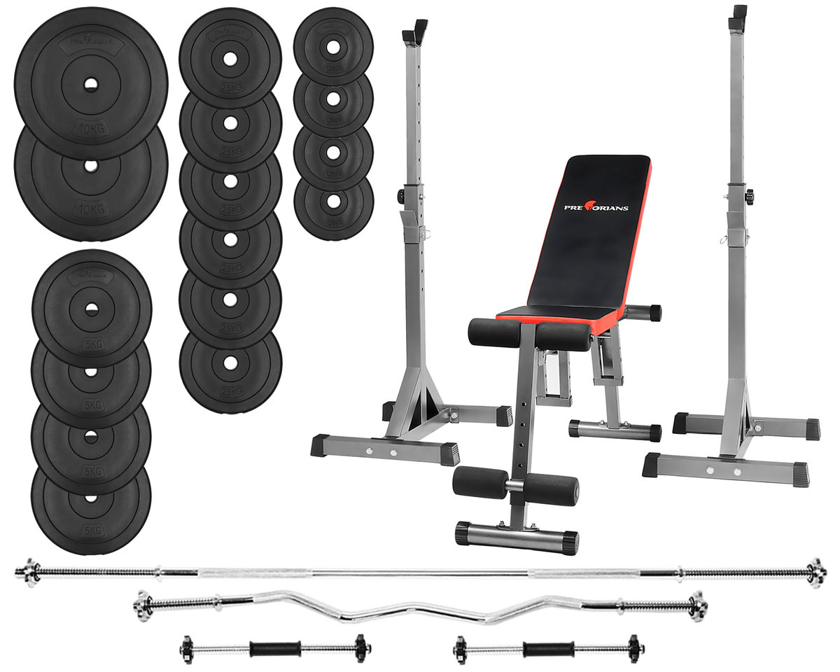 Zestaw Do Ćwiczeń 97Kg Z Ławką Treningową Tb102 Sztangą / Gryfem Prostym 180 cm, Gryfem Lekko Łamanym 120cm, Obciążeniem 60 Kg I Hantlami