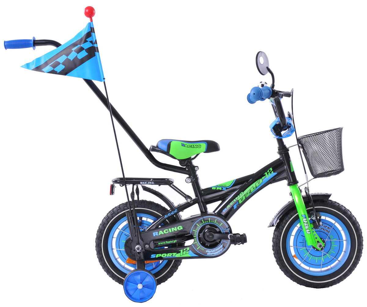 Zdjęcia - Rower Fuzlu  dziecięcy 12"  Racing czarno-niebiesko-zielony 