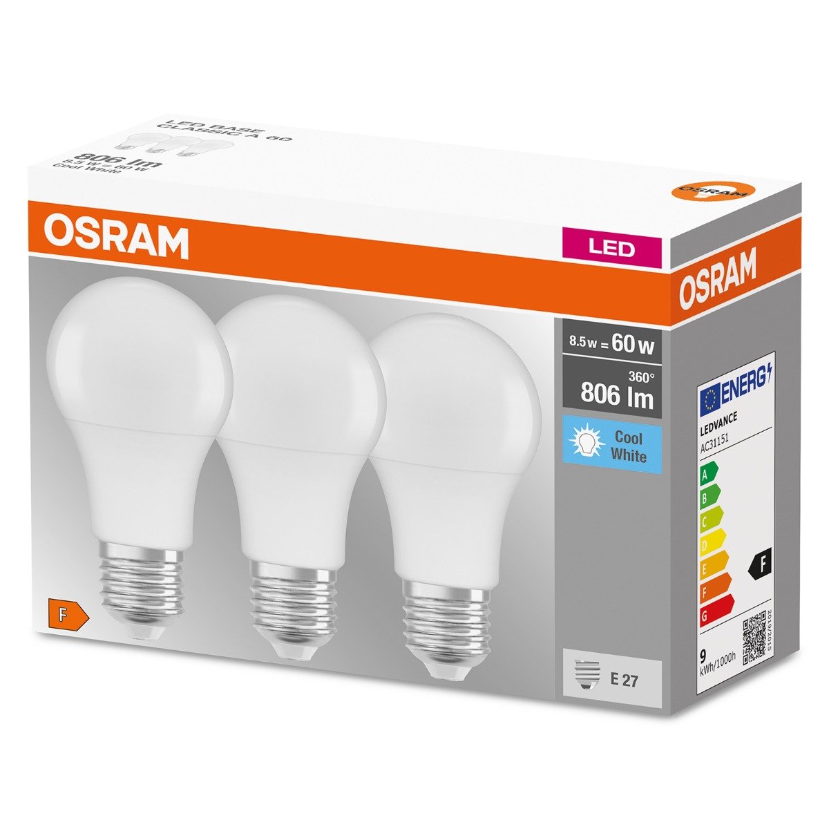 Osram lampa LED z cokołem: E27 zimna biel 4000 K 8,50 W zamiennik żarówki 60 W matowa LED baza Classic A 4058075127531