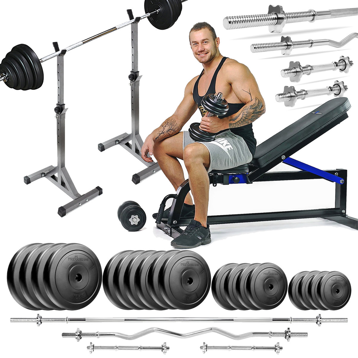 Zestaw Do Ćwiczeń Siłowych 139Kg. Siłownia Domowa Z Ławką Treningową Tb1001, Stojakami Wolnostojącymi, Sztangą / Gryfem Prostym 180 cm, Lekko Łamany..