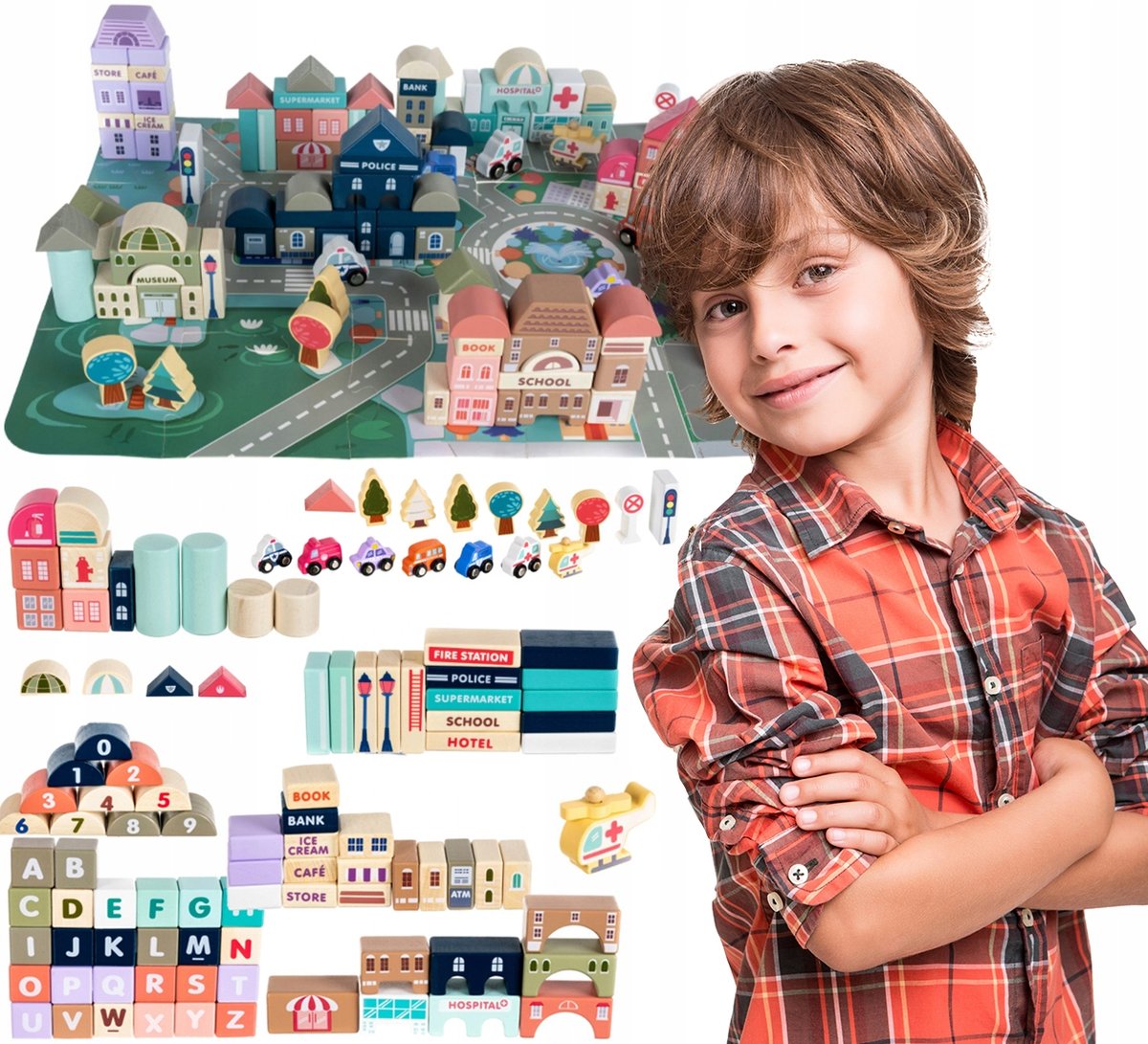 Edukacyjne Duże Klocki Drewniane Puzzle Miasto 115