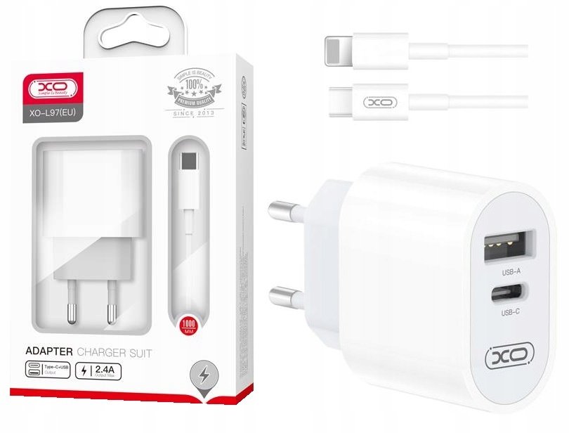 XO ładowarka sieciowa L97 1x USB 1x USB-C 2,4A biała + kabel USB-C -Lightning