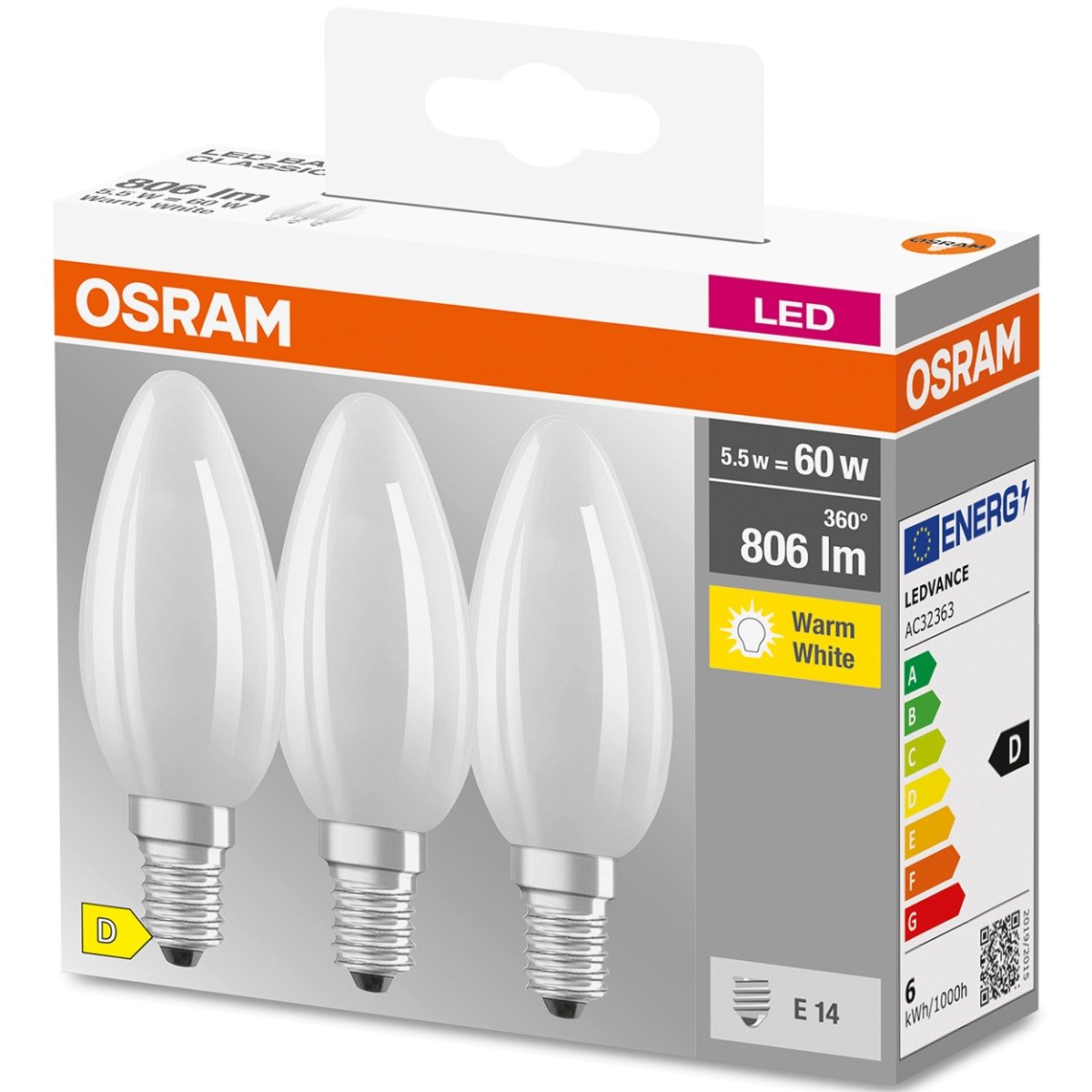 Żarówka LED 3 szt. E14 6 W = 60 W 806 lm Ciepła biel Osram