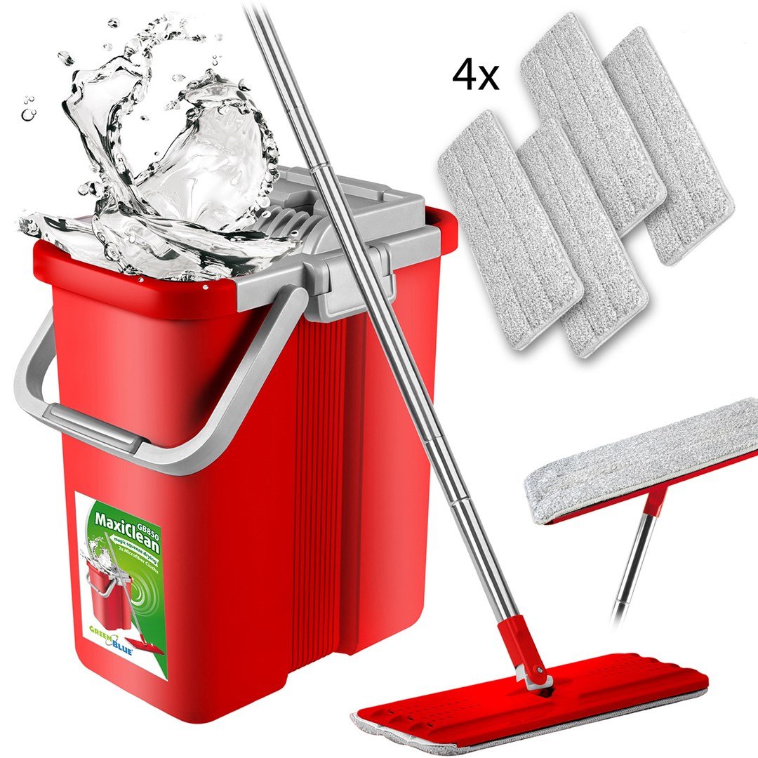 GreenBlue Mop płaski z wiadrem i wyciskaczem GreenBlue cztery wkłady microfibra HQ pojemność 8L MaxiClean GB850 N CEN-74884