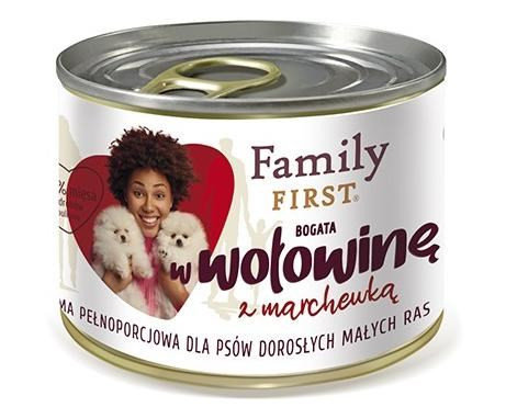 FAMILY FIRST - Mokra karma dla psa małe/dorosłe rasy WOŁOWINA Z MARCHEWKĄ puszka 200g