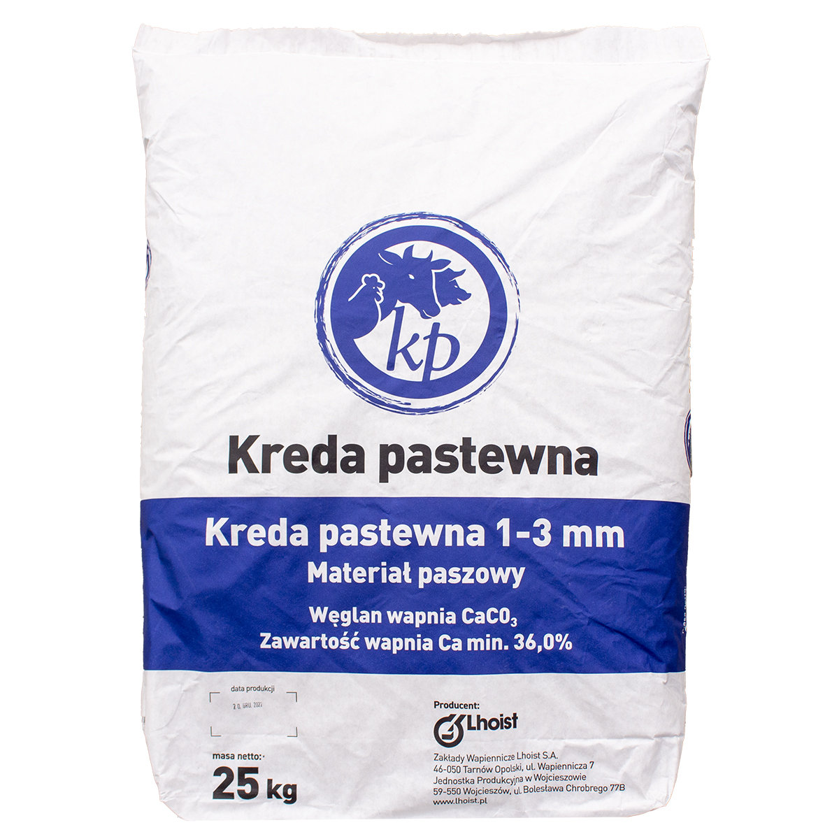 Kreda pastewna dla drobiu gruboziarnista frakcja 1-3 wapno dla kur 25 kg