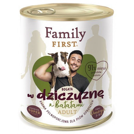 FAMILY FIRST - Mokra karma dla psa dorosłego DZICZYZNA Z BATATAMI puszka 800g
