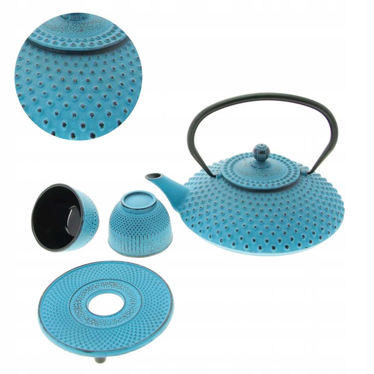 Czajnik Zestaw Żeliwny 2X Czarki Podstawka Żeliwna