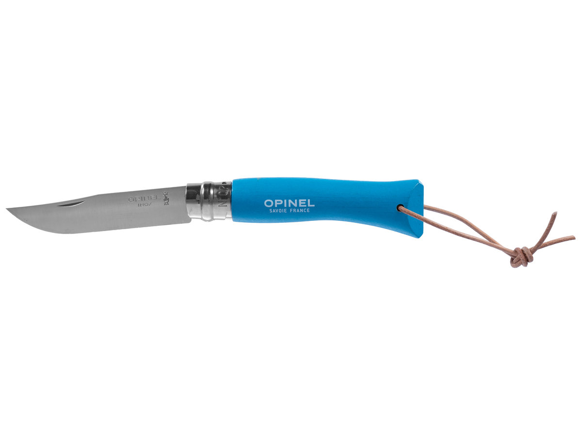 Opinel scyzoryk seria 06 COLORAMA Sport, stal 12C27, nierdzewny, niebieski uchwyt z drewna bukowego, wibrujący wygląd, skórzany sznurek