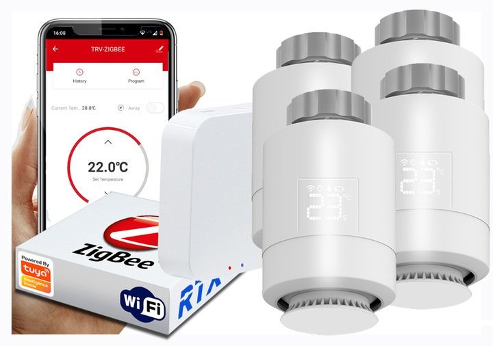 4X Głowica Termostat + Bramka Zigbee Wifi Tuya Set