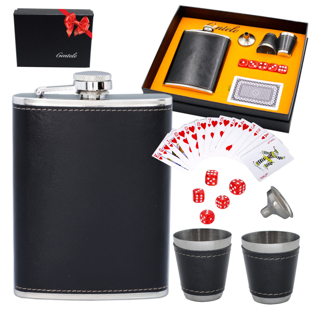 Piersiówka Z Kieliszkami + Zestaw Do Pokera Karty + Kości Do Gry