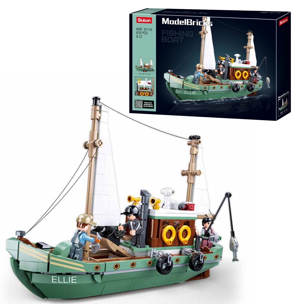 Klocki Sluban Łódź Statek Rybacka Rybacy Wędkarze Modelbricks 610 El.