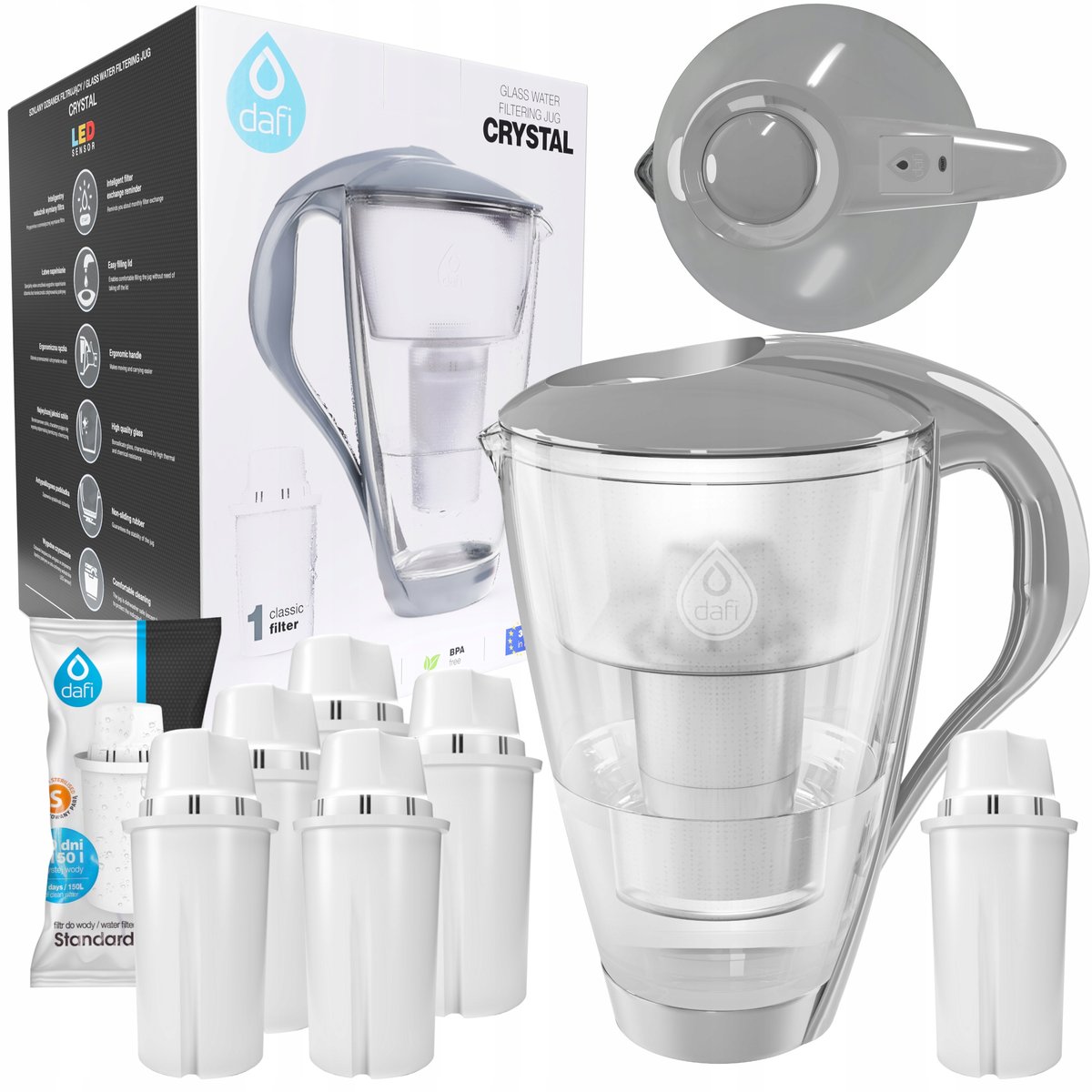 Dzbanek Szklany Dafi Szary 2L + 6X Filtr Classic