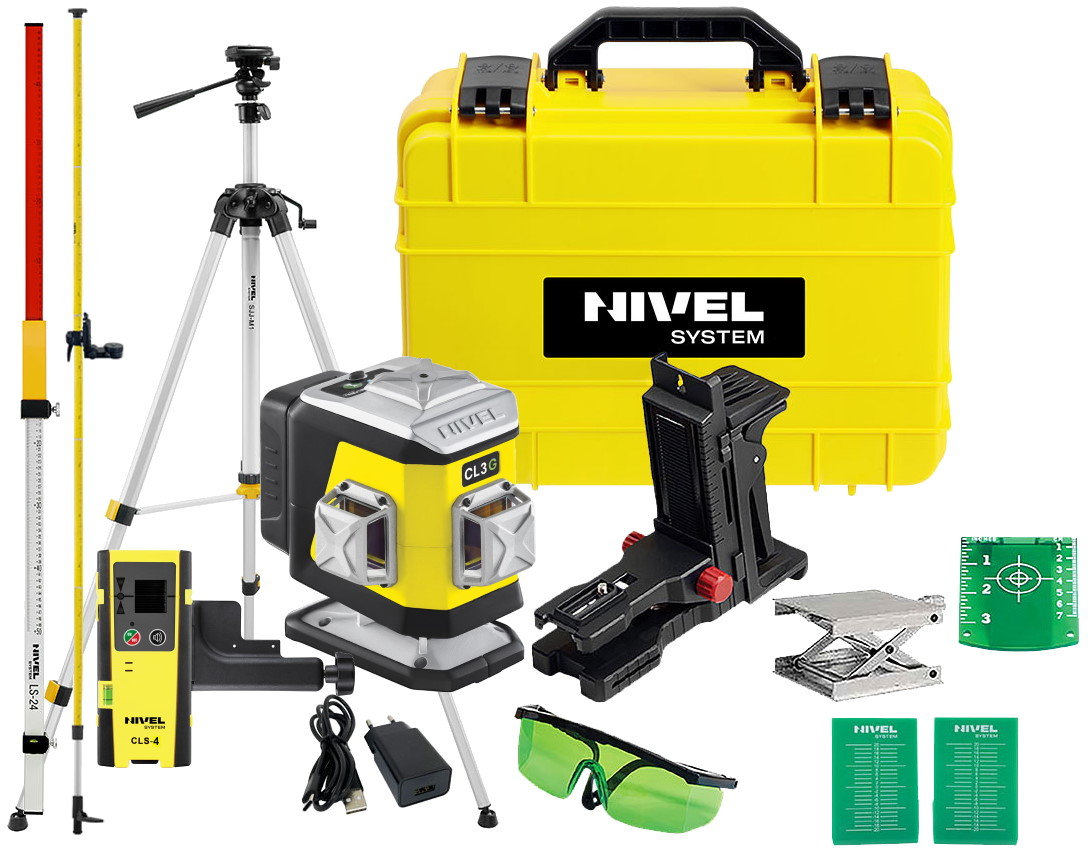 Laser Krzyżowy Nivel System Cl3G - Multilaser Z Wiązką Zieloną (3 Płaszczyznowy) Bluetooth + Statyw Sjj M1 Ex + Łata Ls24 + Odbiornik Cls 4