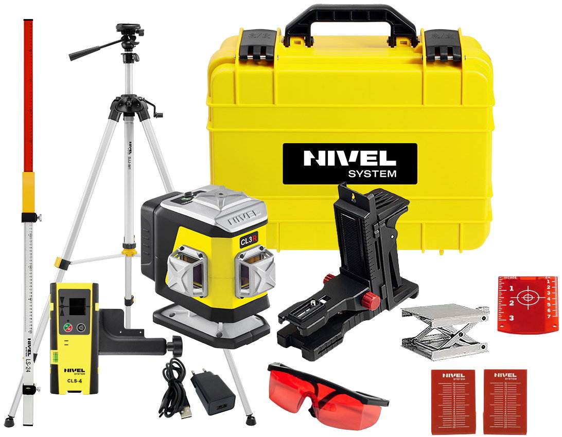 Laser Krzyżowy Nivel System Cl3R - Multilaser Z Wiązką Czerwoną (3 Płaszczyznowy) Bluetooth + Statyw Sjj-M1 Ex + Łata Ls24 + Odbiornik Cls-4