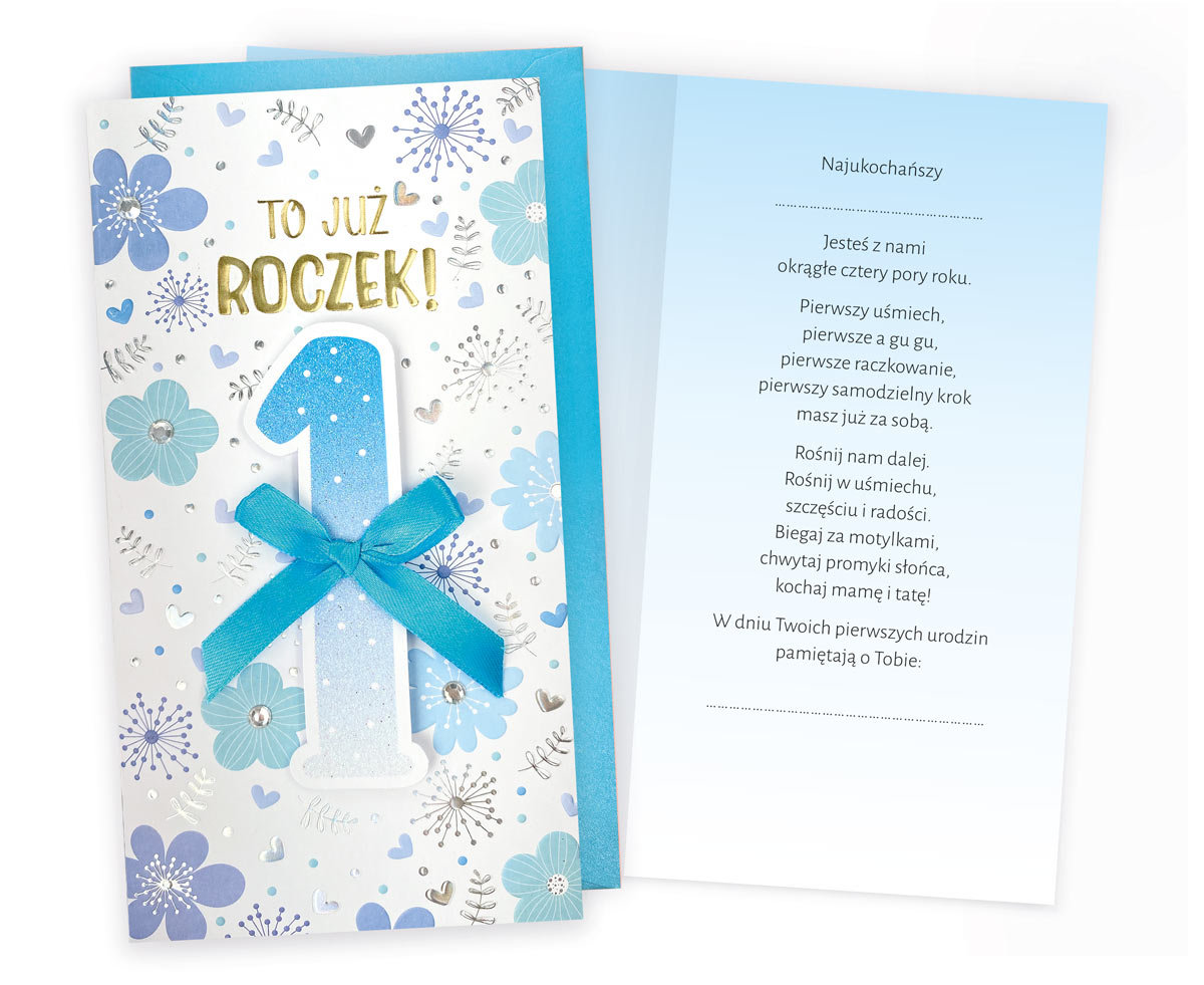Karnet Urodziny Roczek niebieskie kwiatki - Kukartka