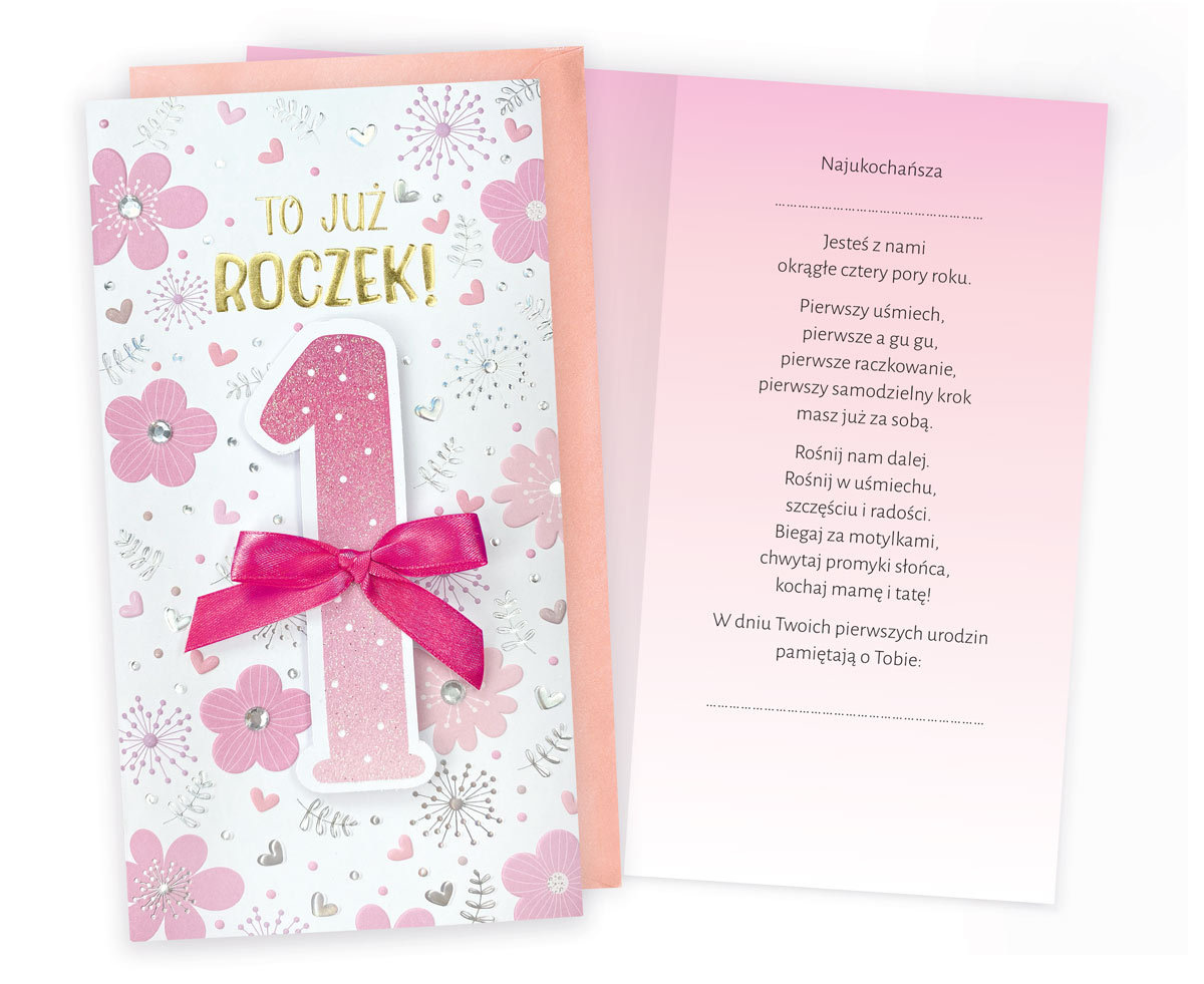 Karnet Urodziny Roczek różowe kwiatki - Kukartka