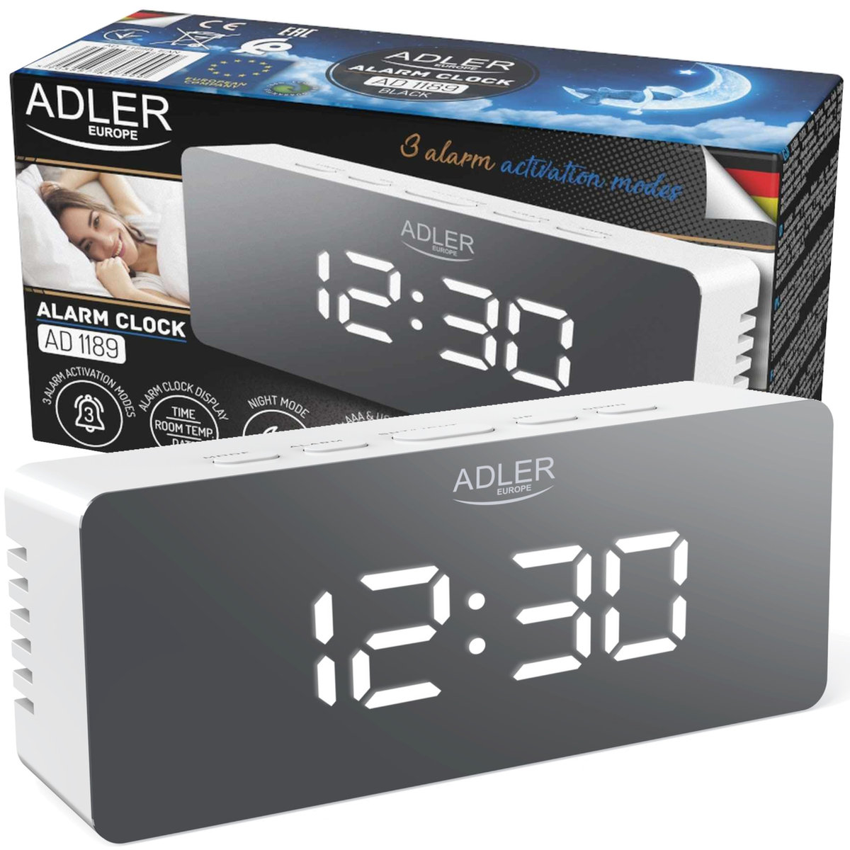 BUDZIK ZEGAR ALARM GODZINA TEMPERATURA ADLER AD1189w | White