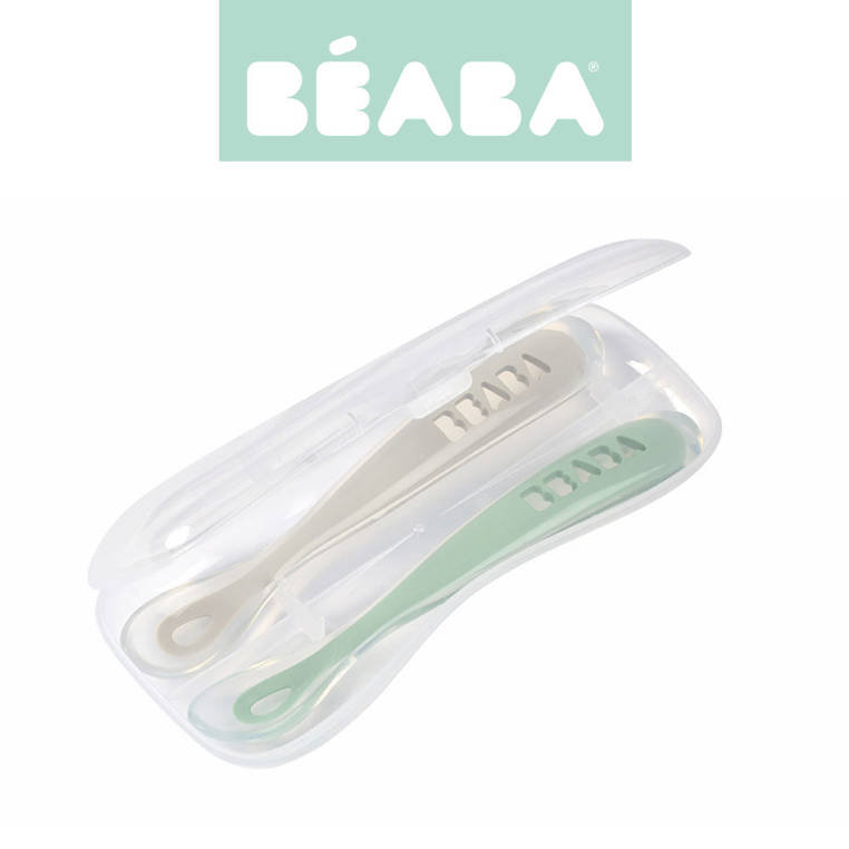 Beaba, Zestaw 2 łyżeczek silikonowych w podróżnym etui 4 m+, Sage Green