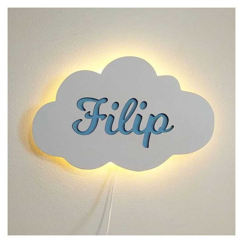 Lampka Chmurka Biała Niebieska Personalizowana Led Rozmiar Xl/Drevniane.Pl