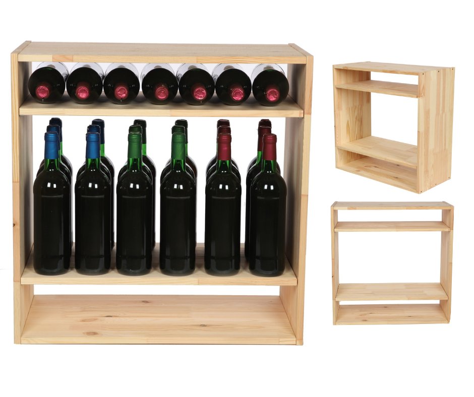 Modułowy Drewniany Regał Stojak na Wino RW61 2 Półki Pełne – Naturalne Drewno sosnowe / Wamar-Sosenka