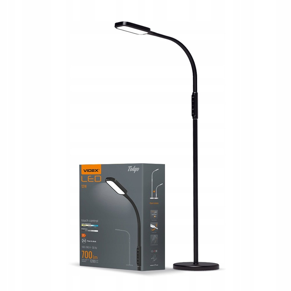 Lampa czarna podłogowa nowoczesna TOKYO z funkcją ściemniania 12W CCT 700lm Videx