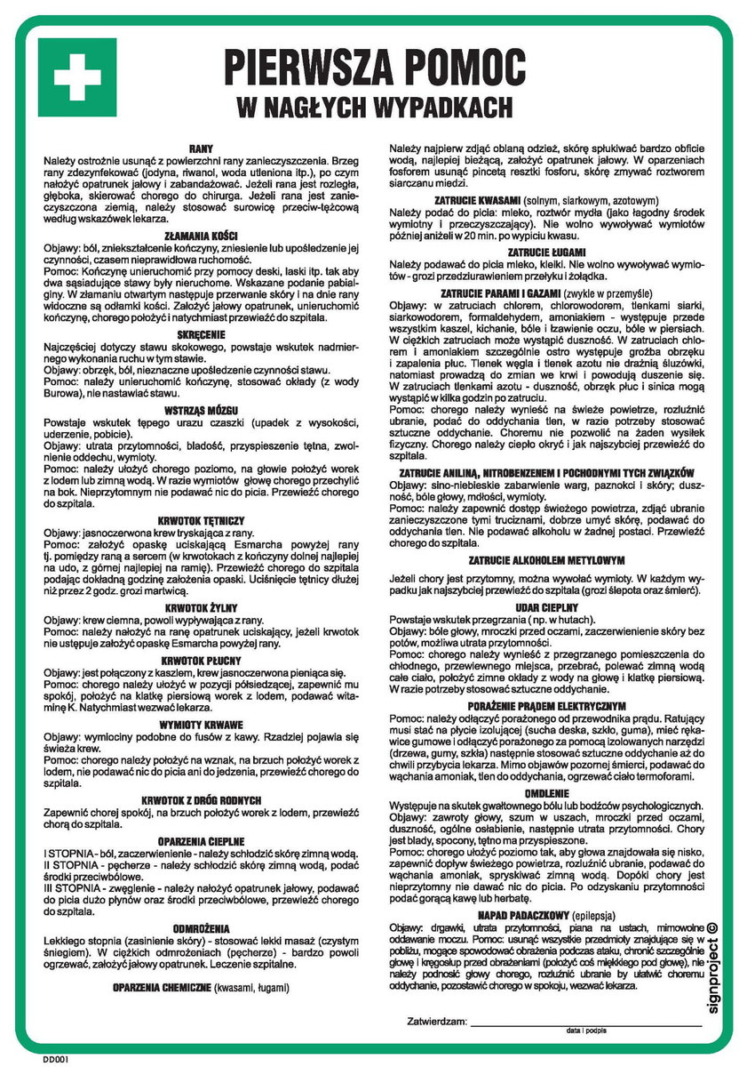Instrukcja Pierwsza Pomoc W Nagłych Wypadkach Signproject Dd001_245X350_Hn 5904937010123