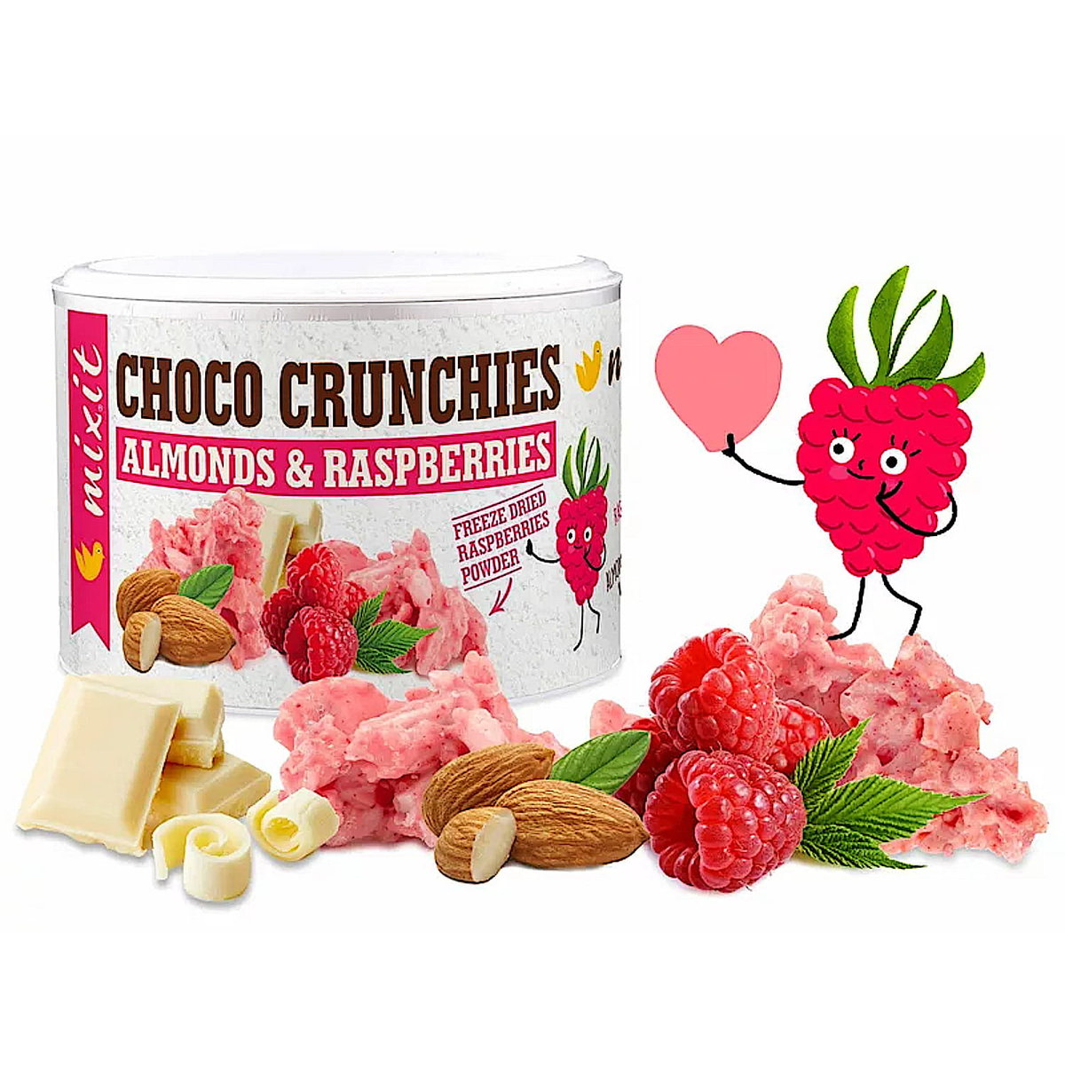 Mixit crunchies 140g MIESZANKA BIAŁEJ CZEKOLADY Z MIGDAŁAMI I LIOFILIZOWANYMI MALINAMI