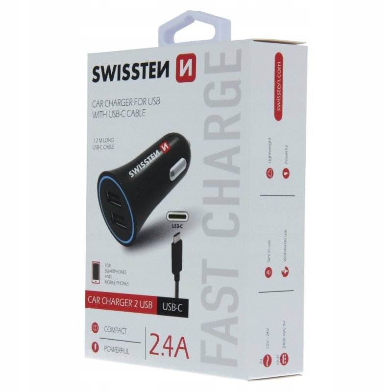 Swissten Adapter CL 2.4 A Power 2 × Kabel USB + USB C 20110908 # Wpisz kod MDC5PL22 i uzyskaj dodatkowe 25 % rabatu na ten produkt promocja do 17.05.2020