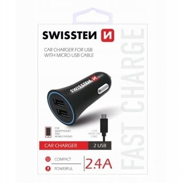 Zdjęcia - Ładowarka Swissten  samochodowa 2xUSB 2,4A + kabel microUSB 