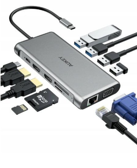 AUKEY CB-C78 aluminiowy HUB USB-C | 12w1 | RJ45 Ethernet 10/100/1000Mbps | 2xUSB 3.1 | 2xUSB 2.0 | 2xHDMI 4k@30Hz | VGA | SD i microSD | USB-C | USB-C CB-C78